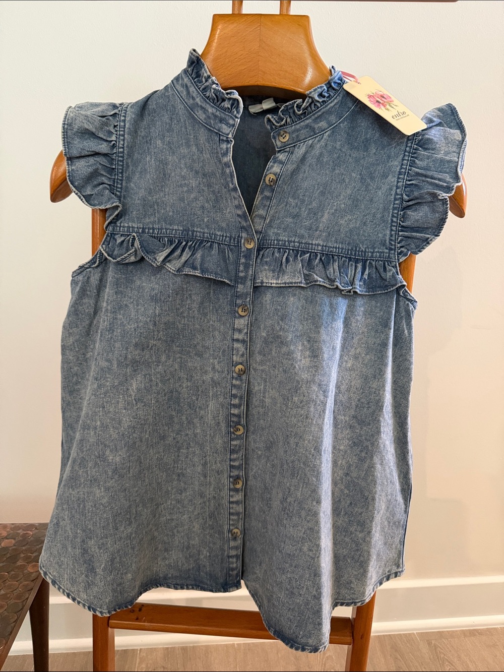 entro Washed Denim Ruffle Button-Up Blouse Ruffle Sleeves